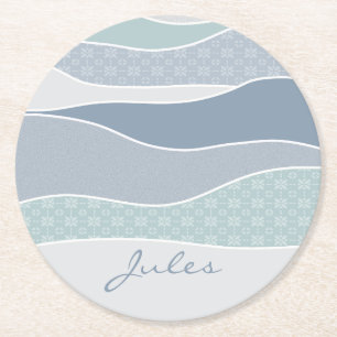 Cool Blue Green Curves Abstract Waves Name Round Paper Coaster