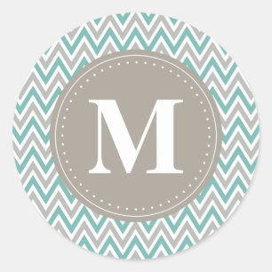 Cool Blue Grey Chevron Pattern Monogram Classic Round Sticker