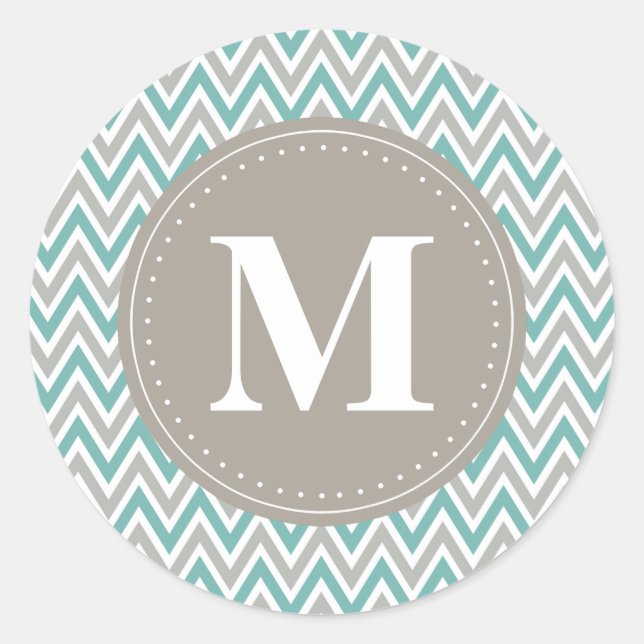 Cool Blue Grey Chevron Pattern Monogram Classic Round Sticker (Front)