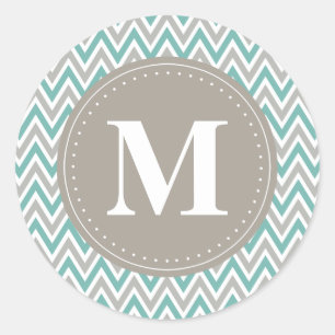 Cool Blue Grey Chevron Pattern Monogram Classic Round Sticker