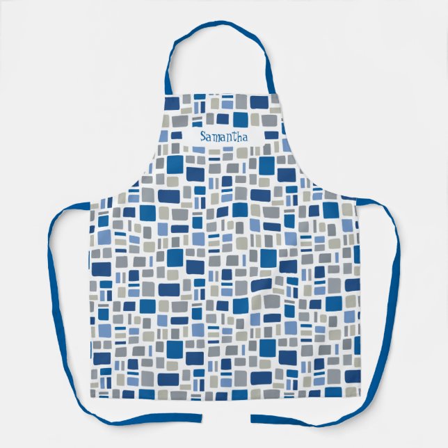 Cool Blue & Grey Colours Wonky Squares & Rectangle Apron (Front)