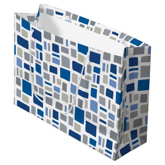 Cool Blue & Grey Colours Wonky Squares & Rectangle Large Gift Bag (Front Angled)
