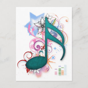 Cool blue grunge music note stars flowers swirls postcard