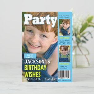 Cool Blue Magazine Cover 3 Photos Birthday Party Invitation