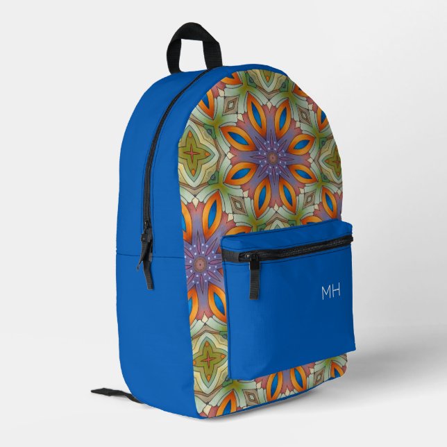 Cool Blue Mandala Pattern Monogram Initials Printed Backpack (Back Corner Left)