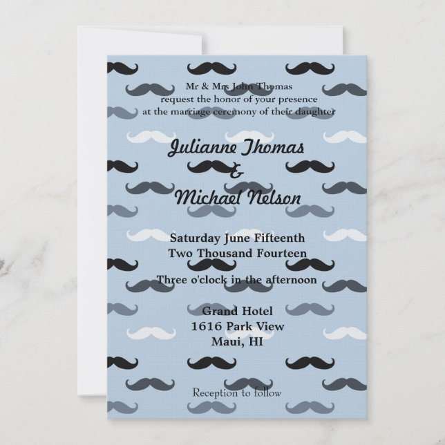 Cool Blue Moustaches Wedding Invitation (Front)