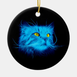 Cool Blue Neon Cat Art - Glowing Animal Design Ceramic Tree Decoration