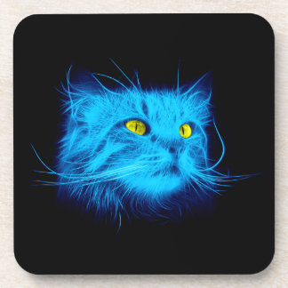 Cool Blue Neon Cat Art - Glowing Animal Design Coaster