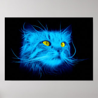 Cool Blue Neon Cat Art - Glowing Animal Design Poster