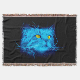 Cool Blue Neon Cat Art - Glowing Animal Design Throw Blanket
