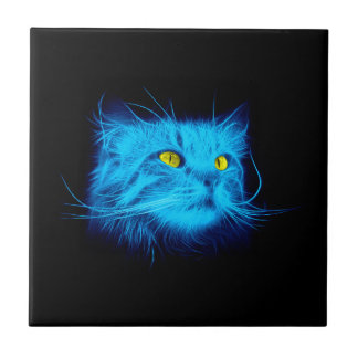 Cool Blue Neon Cat Art - Glowing Animal Design Tile