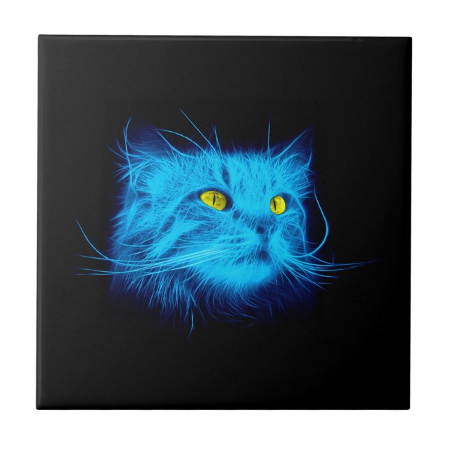 Cool Blue Neon Cat Art - Glowing Animal Design Tile (Front)