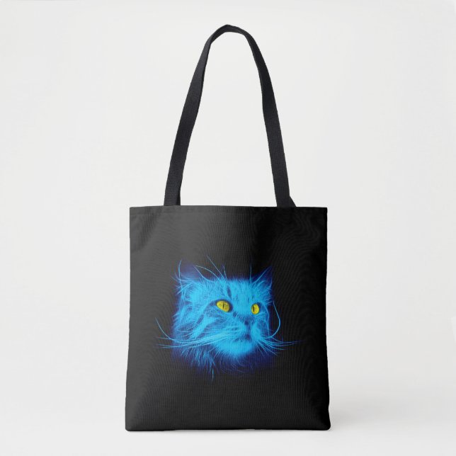 Cool Blue Neon Cat Art - Glowing Animal Design Tote Bag (Front)