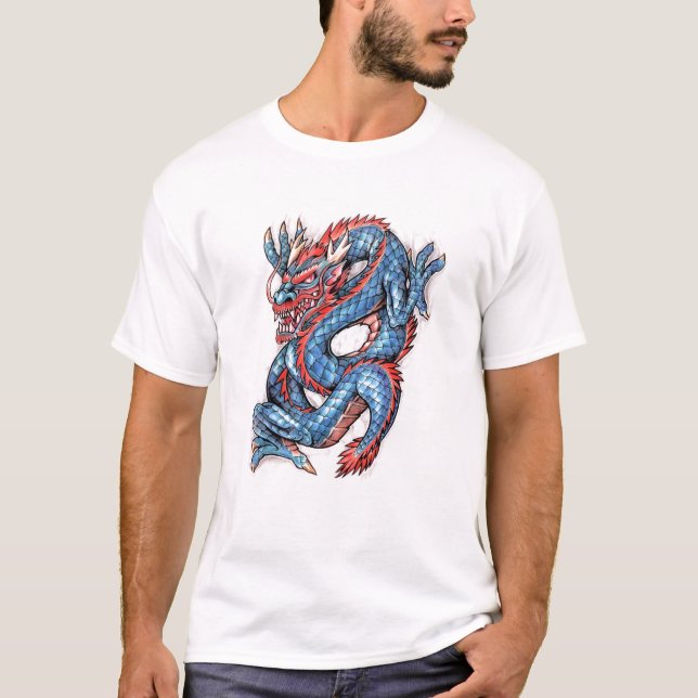 Cool Blue Oriental Dragon Tattoo T-Shirt (Front)