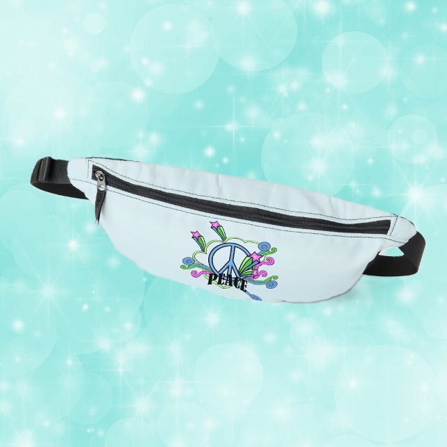 Cool Blue Peace sign Starr Scrolls on Light blue Bum Bags (Cool abstract peace sign with colourful scrolls and pink stars on light blue fanny pack.)