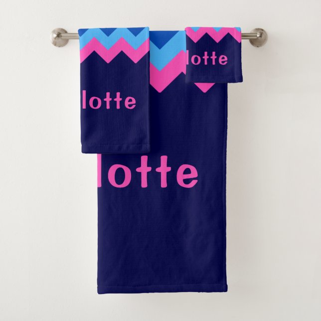 Cool Blue Pink Chevron Monogram Bath Towel Set (Insitu)