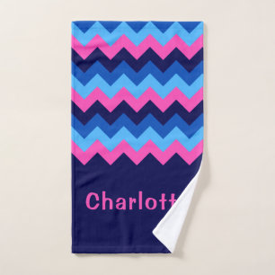 Cool Blue Pink Chevron Monogram Hand Towel
