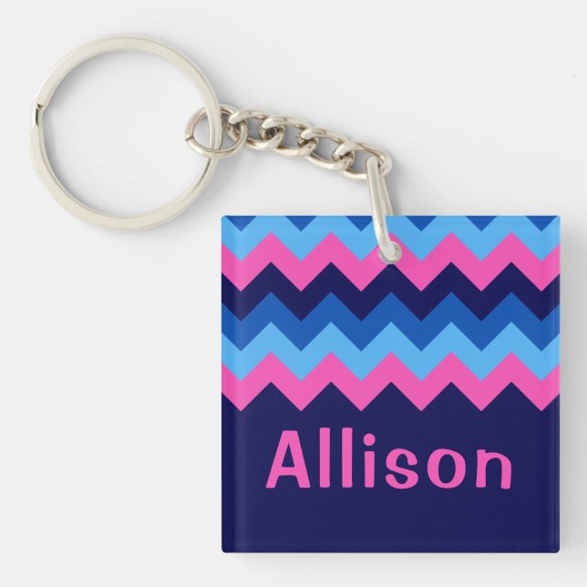 Cool Blue Pink Chevron Monogram Square Keychain (Front)