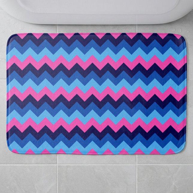 Cool Blue Pink Chevron Pattern Large Bath Mat (Cool Blue Pink Chevron Pattern Large Bath Mat laying on floor in front of tub in a bathroom.)