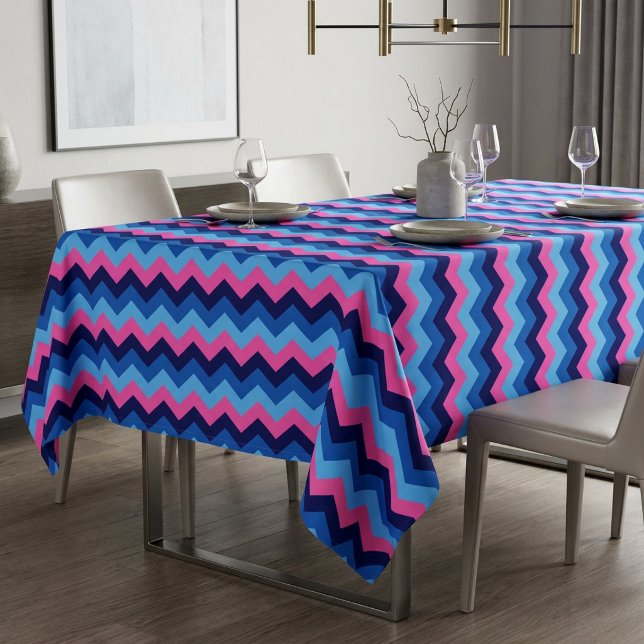 Cool Blue Pink Chevron Pattern Medium Tablecloth (Cool Blue Pink Chevron Pattern Medium Tablecloth covering a table in a modern style dining room.)