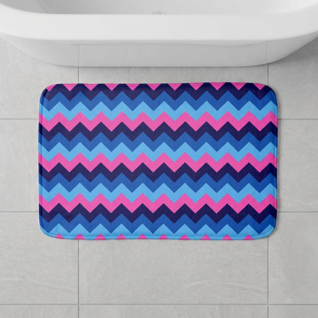 Cool Blue Pink Chevron Pattern Small Bath Mat (Cool Blue Pink Chevron Pattern Small Bath Mat laying on floor in front of tub in a bathroom.)