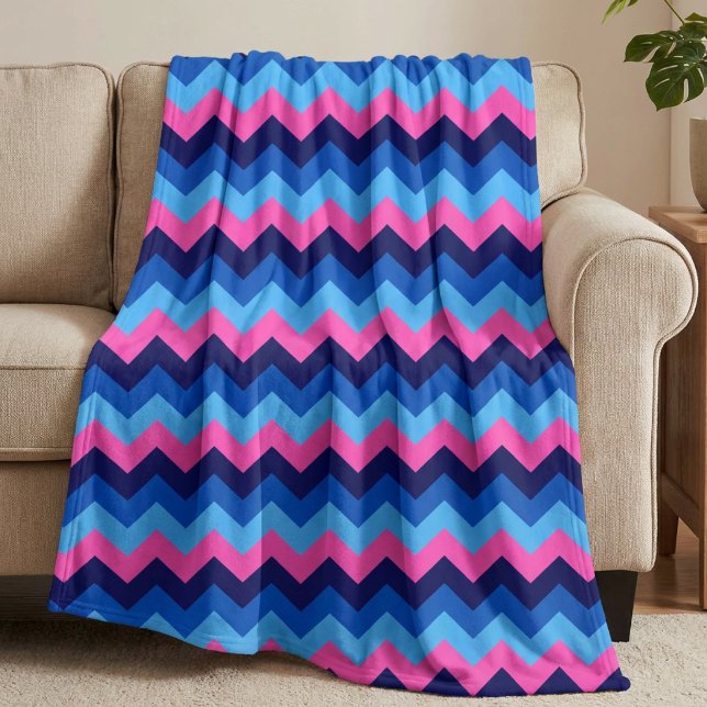 Cool Blue Pink Chevrons Large Fleece Blanket (Cool Blue Pink Chevrons Large Fleece Blanket draped on sofa in a living room.)