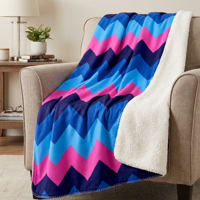Cool Blue Pink Chevrons Medium Sherpa Blanket (Cool Blue Pink Chevrons Medium Sherpa Blanket draped on chair in living room.)