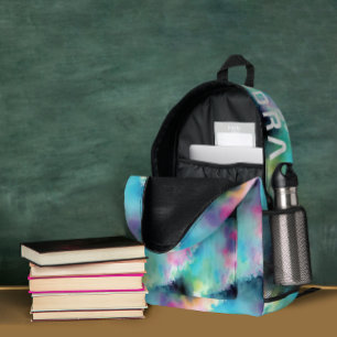 Cool Blue Pink Ocean Aurora Watercolor Bold Typo Printed Backpack