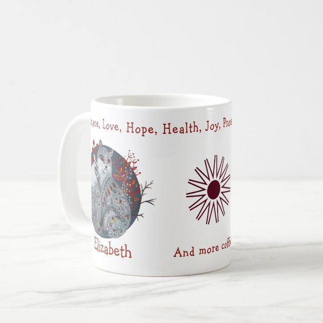 Cool Blue Polar Fox, Floral Backdrop. Beautiful Coffee Mug (Front Left)