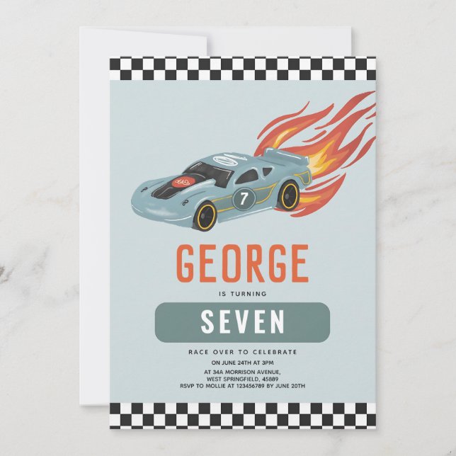 Cool Blue Racing Car 7th Birthday Invitation (Front)