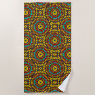 Cool Blue Red Yellow Retro Geometric Ethnic Tribal Beach Towel