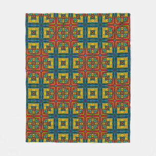 Cool Blue Red Yellow Retro Geometric Ethnic Tribal Fleece Blanket