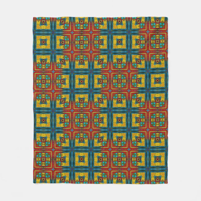 Cool Blue Red Yellow Retro Geometric Ethnic Tribal Fleece Blanket (Front)