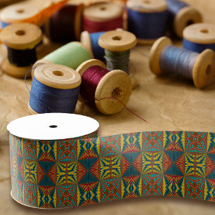 Cool Blue Red Yellow Retro Geometric Ethnic Tribal Grosgrain Ribbon