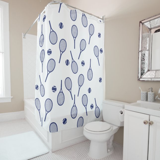 Cool Blue Retro Racquets Pattern Tennis Player  Shower Curtain (In Situ)