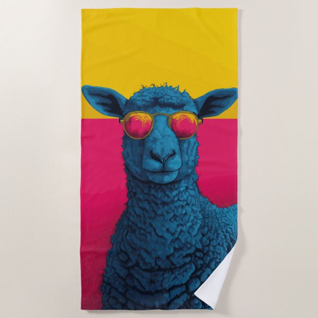 Cool Blue Sheep with Retro Sunglasses Beach Towel (Front)