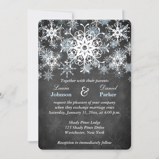 Cool Blue Snowy Chalkboard Style Wedding Invite (Front)