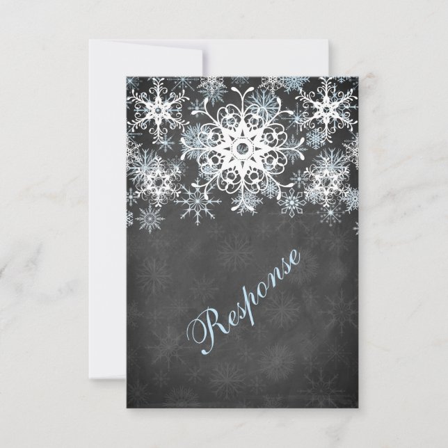Cool Blue Snowy Chalkboard Style Wedding RSVP Card (Front)