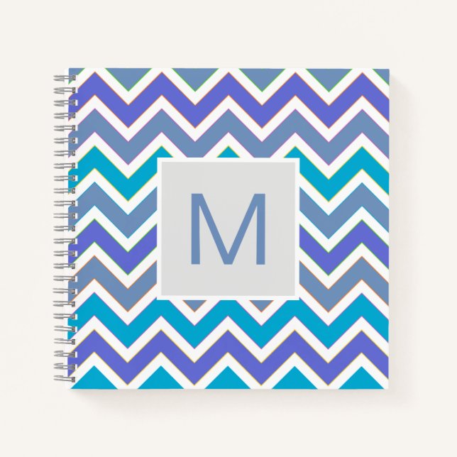 Cool Blue Sporty Chevron Pattern Monogram Notebook (Front)