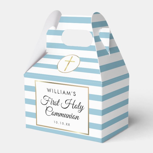 Cool Blue Stripe Gold First Holy Communion Favour Box (Front Side)