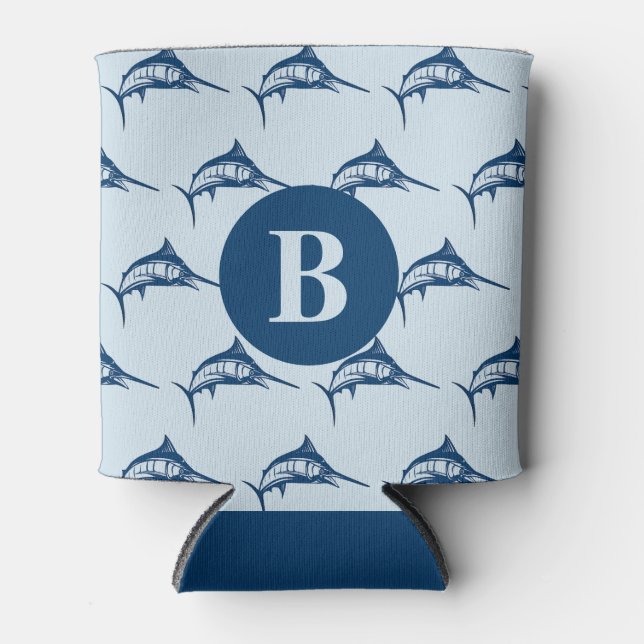 Cool Blue Swordfish Pattern Monogram Can Cooler (Front)