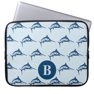 Cool Blue Swordfish Pattern Monogram Laptop Sleeve