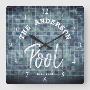 Cool Blue Tile Swimming Pool Family Name Custom La Square Wall Clock