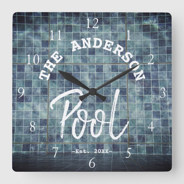 Cool Blue Tile Swimming Pool Family Name Custom La Square Wall Clock (Front)
