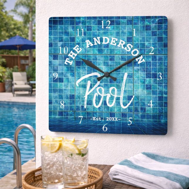 Cool Blue Tile Swimming Pool Family Name Custom La Square Wall Clock (Creator Uploaded)