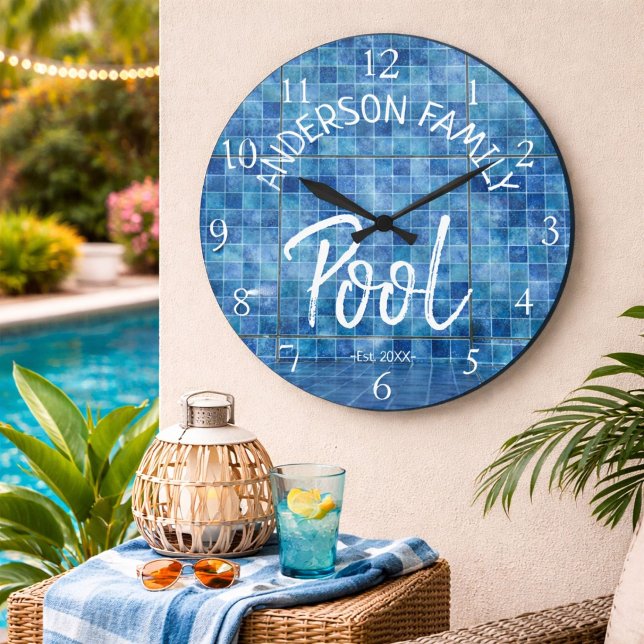Cool Blue Tile Swimming Pool Family Name cUSTOM Large Clock (Creator Uploaded)