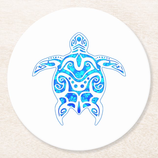 Cool Blue Tribal Turtle Round Paper Coaster (Front)