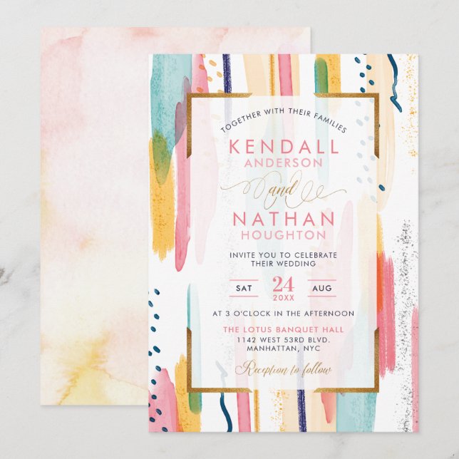 Cool Blue Watercolor Memphis Chic Wedding Invitation (Front/Back)