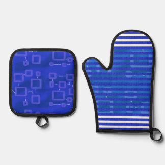 Cool Blue White Geometric Stripes Oven Mitt & Pot Holder Set