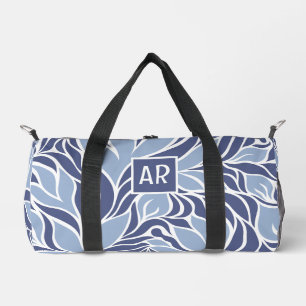 Cool Blue & White Modern Floral Pattern Monogram Duffle Bag